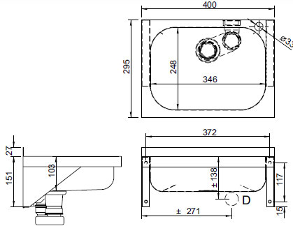 Schema - AUM 022 N a AUM 022 Z kleiner Edelstahl-Waschtisch für Wandmontage