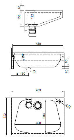Schema - AUM 025N a AUM 025Z Edelstahl-Waschtisch für Wandmontage