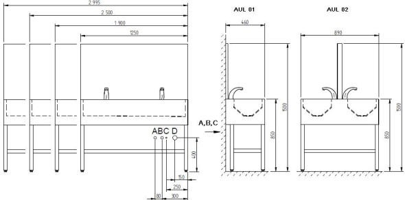 Schema - AUL 01, AUL 02 Automatische Edelstahl-Waschrinne