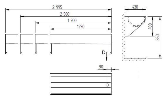 Schema - AUL 05 Edelstahl-Waschrinne mit abgerundeten inneren Ecken