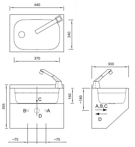 Schema - AUM 016 Aufhängbares Waschbecken, mittig 