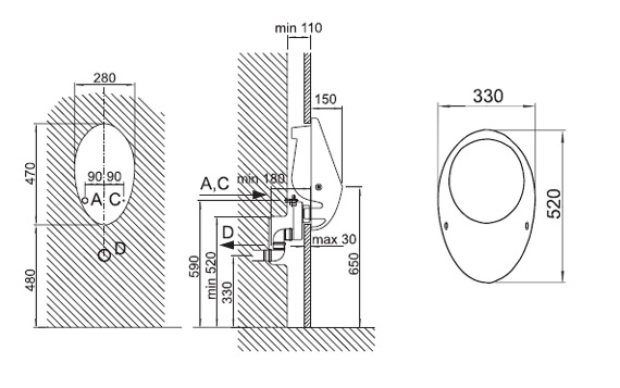 Schema - AUP 31 Urinal JOLY mit temperaturgesteuertem Siphon-Spülsystem