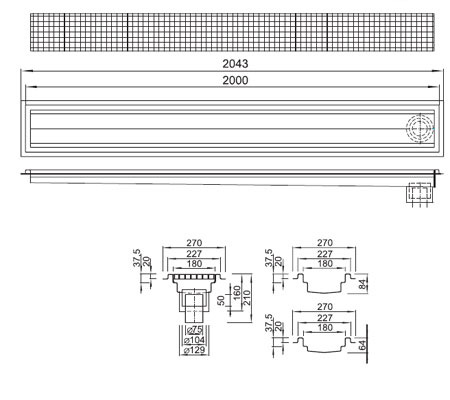 Schema - OZ 01 Edelstahl-Abflussrinne im Fußboden 2000 x 180 mm