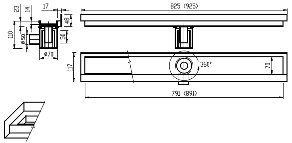 Schema - PZ 014LP Bodenrinne zum Einlegen von Fliesen – Eckausführung 