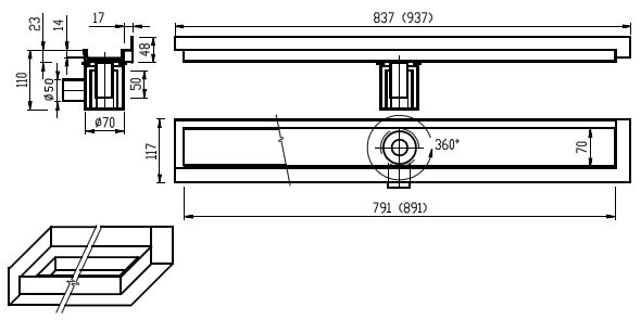 Schema - PZ 014L, PZ 014P Bodenrinne zum Einlegen von Fliesen – Eckausführung 