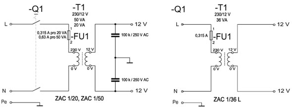 Schema - ZAC 1/20, ZAC 1/50, ZAC 1/36L sichere Stromquellen