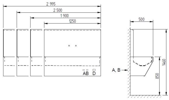 Schema - AUL 03Z.L Wandbefestigte Waschrinne mit Rückwand und Arztarmatur